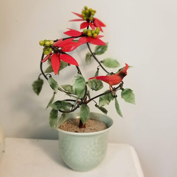 Vintage Glass Bonsai Tree Poinsettia Berries Oriental Holiday Art Sculpture